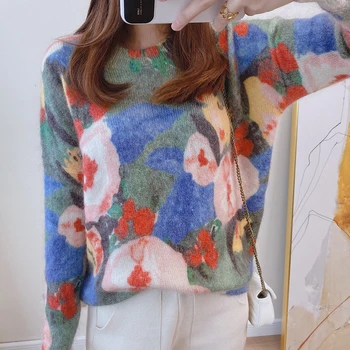 

Wool Mohair Women Sweater Oil Floral Painting Print Loose Slim Knit Pullover Sweater