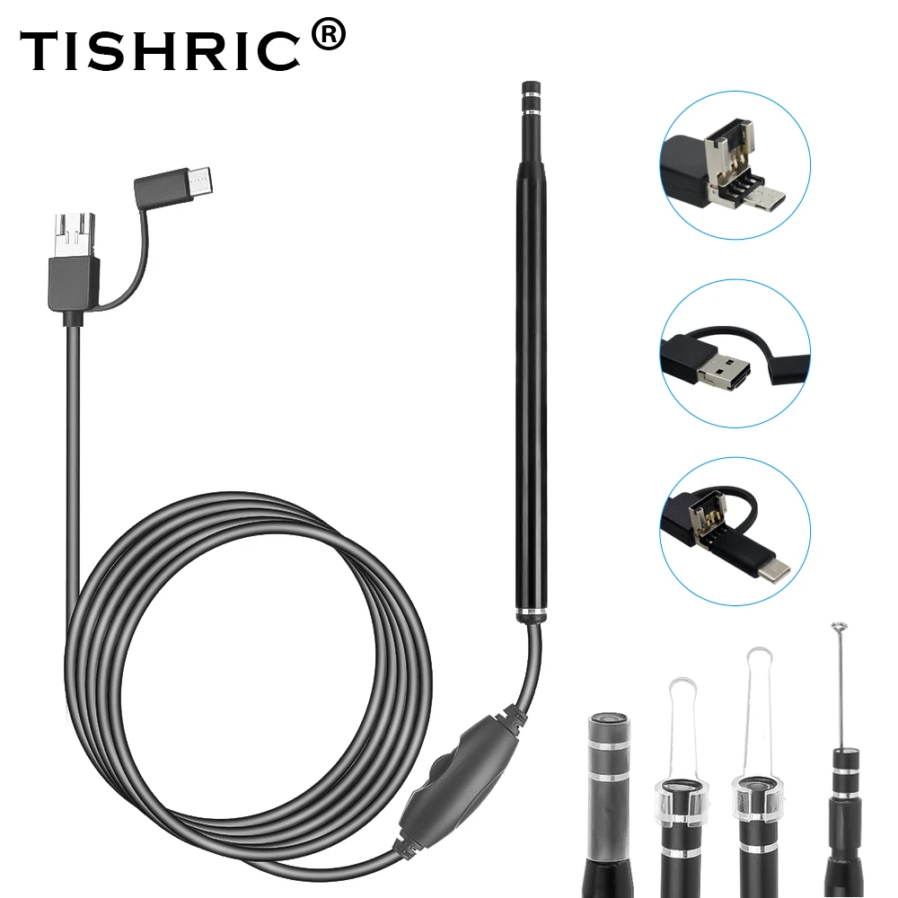 TISHRIC USB 3in1 endoscopio palillo para las orejas Visual inspección por boroscopio Cámara endoscopio cámara para móvil del endoscopio para Android/ordenador