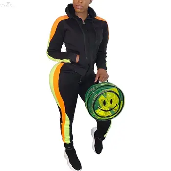 

Autumn Winter Tracksuit Women Set Hoody Zipper Full Sleeve Top Striped Pants Suit Two Piece Set Top And Pants Night Club Outfits