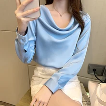 

Women's Shirts Autumn Chiffon Blouses for Women Long Sleeve Top Women clothes Blue Pile Collar Female Asymmetry 2021 Basic Shirt