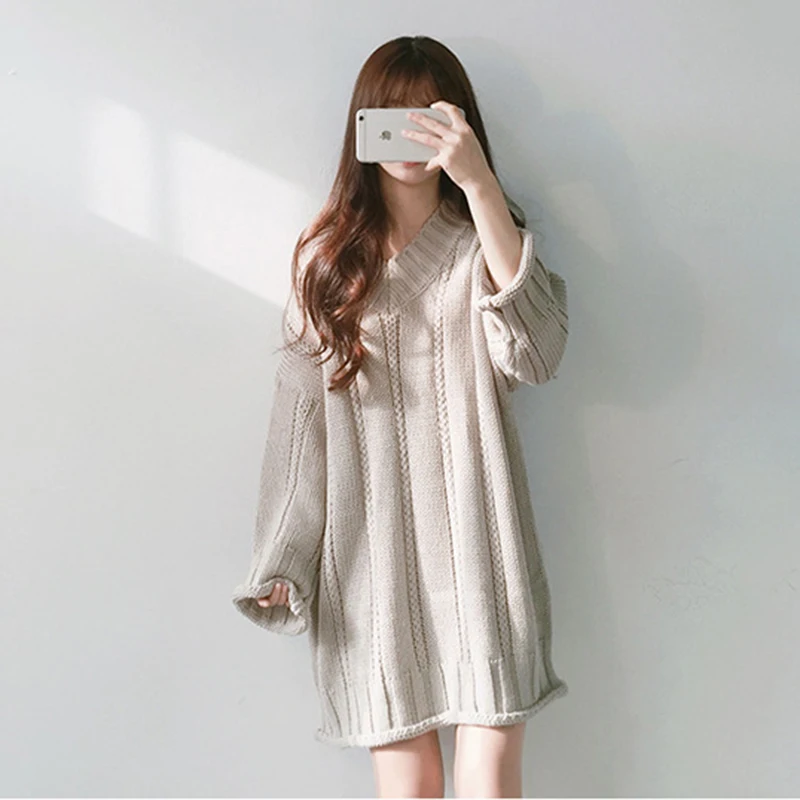 

2019 Korean version of the V-neck solid color loose wild long-sleeved long sweater dress dress sweater women