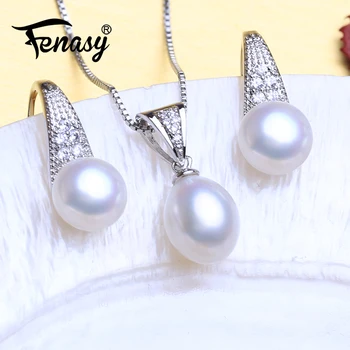 

FENASY 925 Sterling Silver Pendant Necklace Natural Pearl Jewelry Sets For Women Classic Stud Earrings Fashion Party Rings