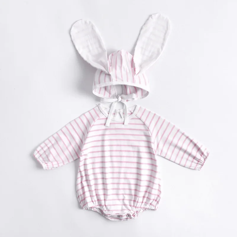 Koodykids/Боди для маленьких девочек; весенние комбинезоны с заячьими ушками и шапкой; Комбинезоны для маленьких мальчиков; Осенняя детская модная одежда в полоску с принтом