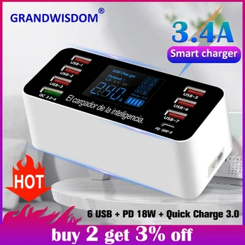 

universal ce rohs wireless fast charge quick qc and PD Charger Adapter total output 60W high quality USB LED Display Charging