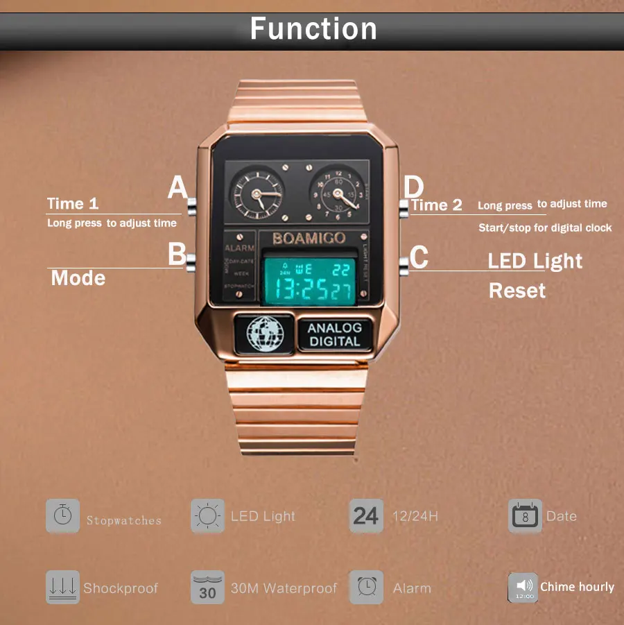 2020 new BOAMIGO brand men 3 time zone watch man sport digital watches stainless steel military quartz watch relogio masculino