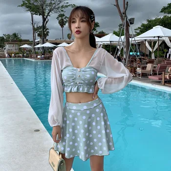 

Swimsuit Push Up Separate Female Bikini Swimwear Lady Korean Woman Surfing Clothes Long Sleeve Swimsuits With Skirt Three Piece