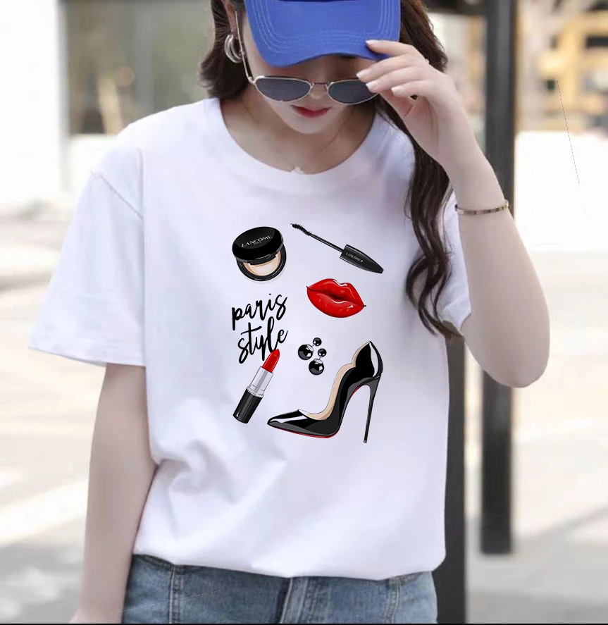 

Harajuku T-shirt Women's Fun Cute Lucky T-shirt Red Lip Makeup T-shirt Fashion Korean Cotton Top T-shirt Women