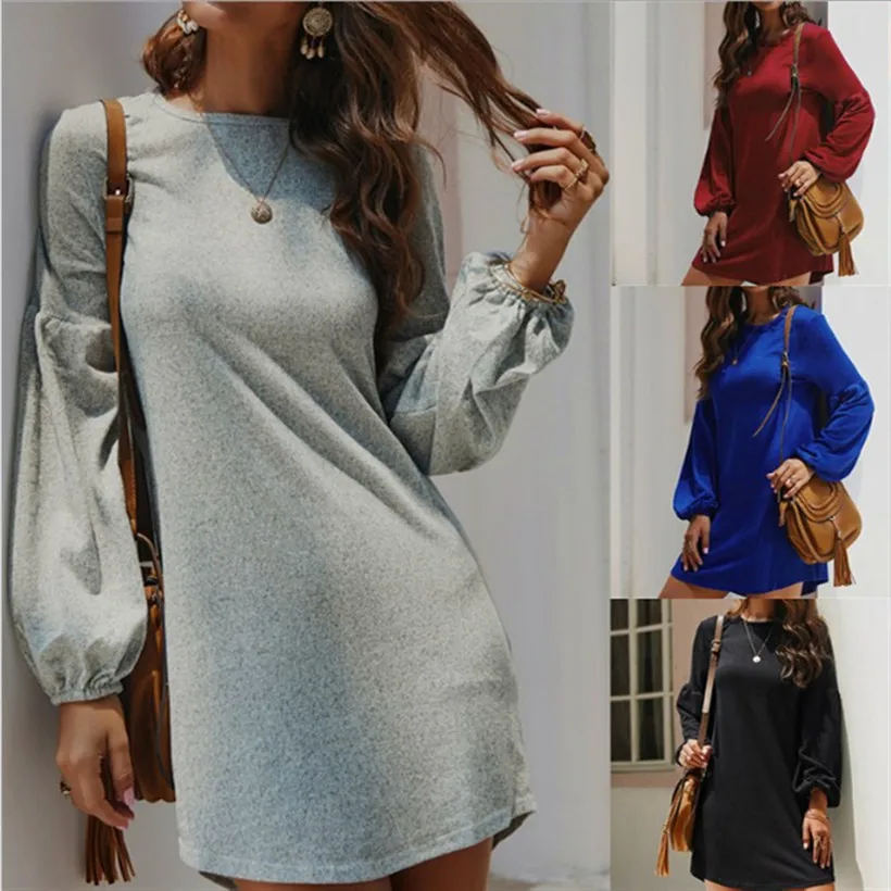 

OULYLAN New Fashion Women's Sweater Dress Autumn Winter Bottoming Shirt Female Solid Color Lantern Long Sleeve Dress