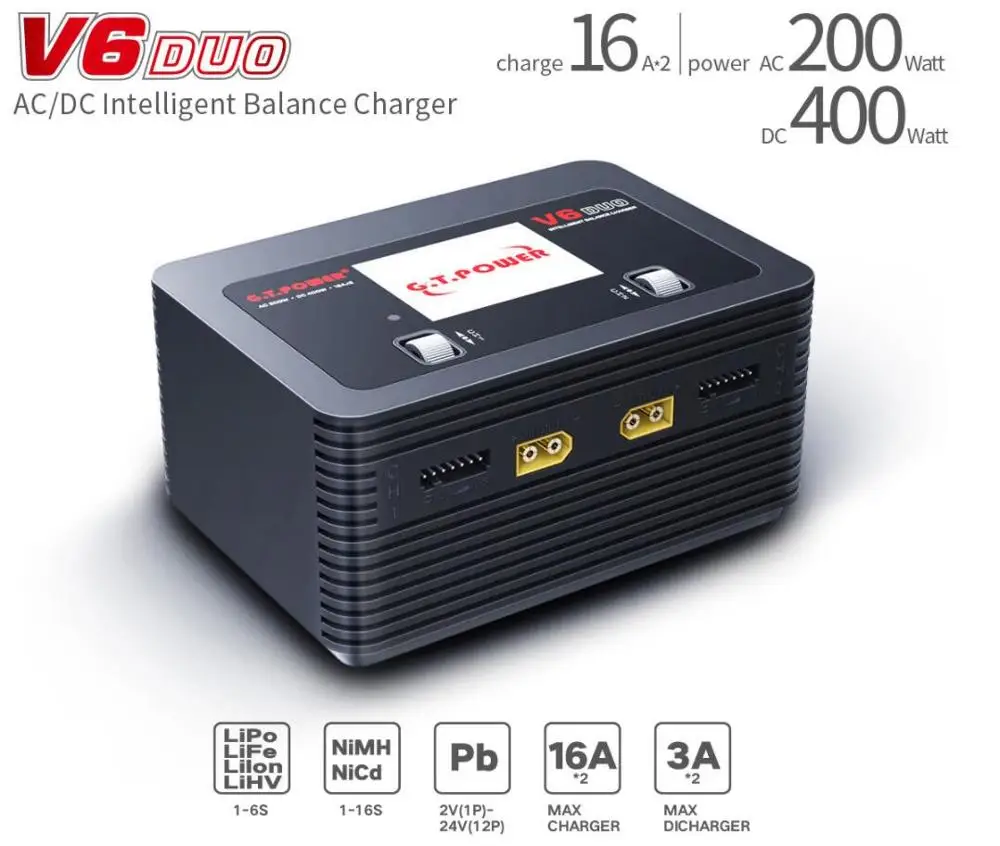 

G.T. Power V6 DUO AC 200W DC 400W 16A x 2 Dual Output Balance Charger AC 100-240V Input for 1-6S LiPo Battery RC Models Toys