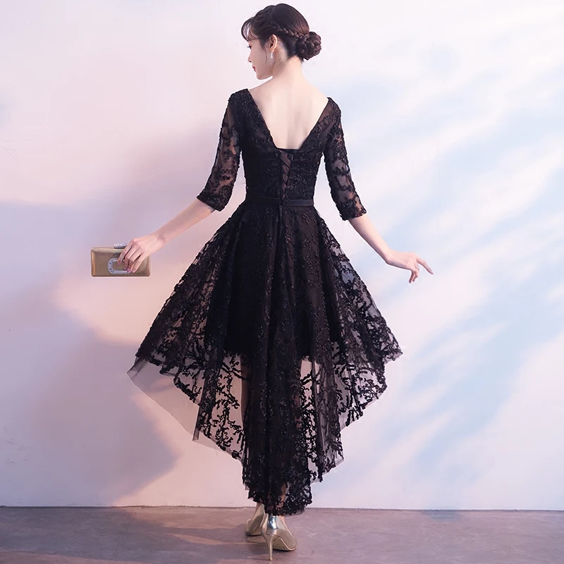 Robe de soiree черное кружевное вечернее платье с v-образным вырезом и коротким рукавом вечернее платье с коротким передом и длинной спинкой платья для выпускного вечера