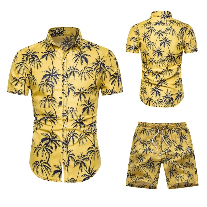 

Summer New Style Couple Clothes Hawaii-Style Short Sleeve Set Men's Thin Large Size Printed Shirt Flower Shorts
