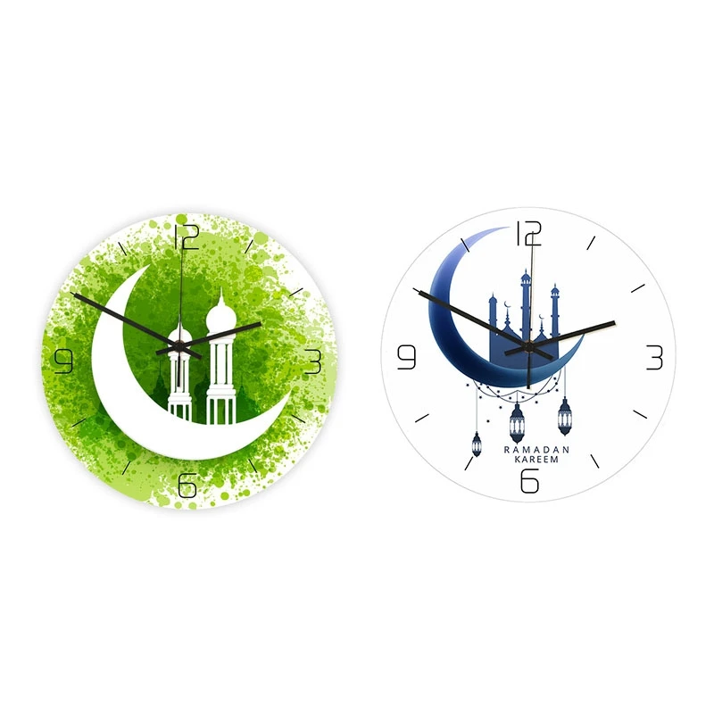 2PCS Acrylic Muslim Wall Clock Living Room Mute Electronic Frameless Clocks Ramadan Decorations Green & White+Blue | Дом и сад