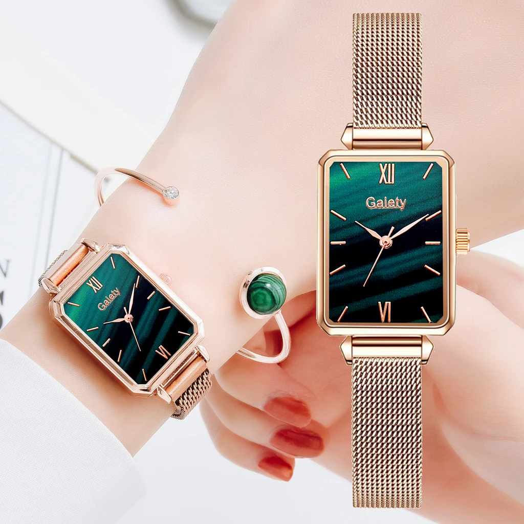 Reloj cuadrado de lujo con esfera verde para mujer, pulsera de cuarzo con correa de Metal dorada, regalo de Reloj De Pulsera De Negocios