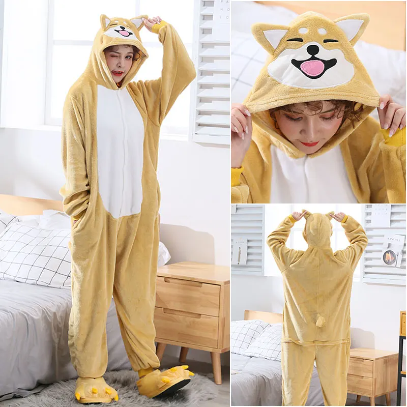 Unisex Couple Onesie Shiba Inu Kigurumis Yellow Dog Pajamas With Sllippers Home Wear Winter Warm Flannel Jumpsuit Funny Overall