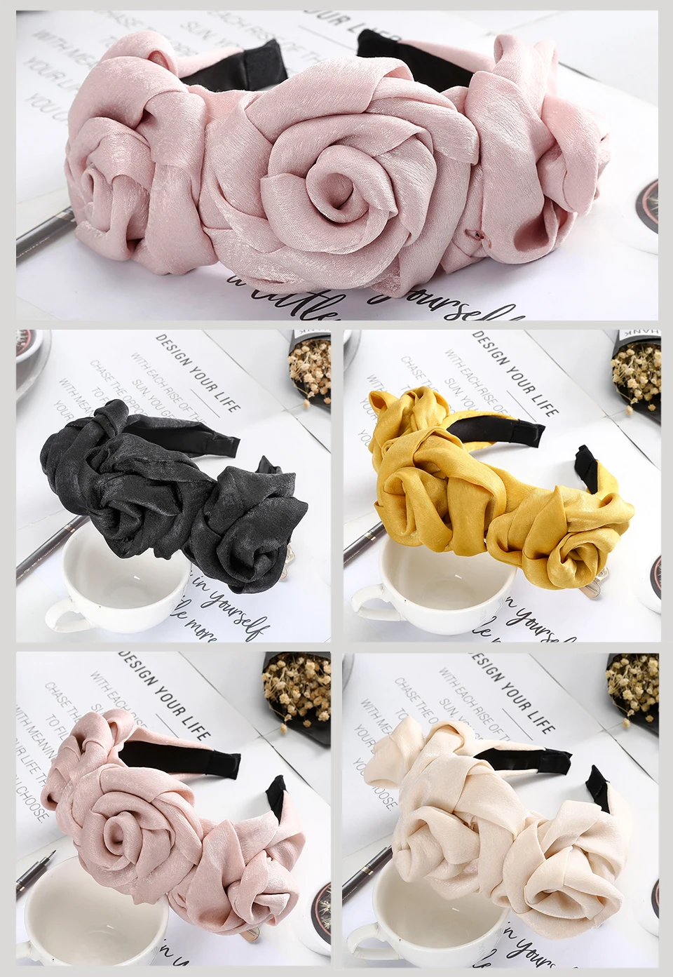 AWAYTR одноцветные атласный цветок розы повязки на голову для женщин повязки на голову ободок для волос женские аксессуары для волос обруч для волос