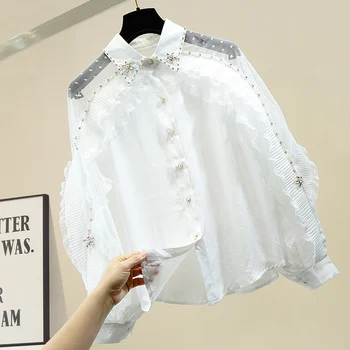 

White Pink Blouse Woman Beaded Three-dimensional Diamond Flower Lace Panel Frilled Shirt Female Loose Top Butterfly Sleeve Blusa