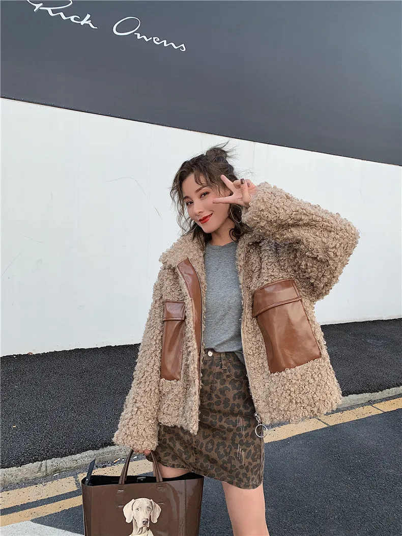 SHENGPALAE, новинка, модная зимняя куртка для женщин, свободная, повседневная, Корейская кожа, имитация овечьей шерсти, сшитая, пальто для женщин, A213