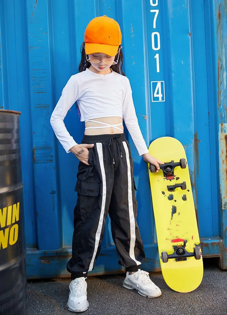 Kid Cool Hip Hop Clothing White Sweatshirt Shirt Top Crop Causal Pants for Girl Jazz Ballroom Dance Costume Clothes Wear 4-16T (4)