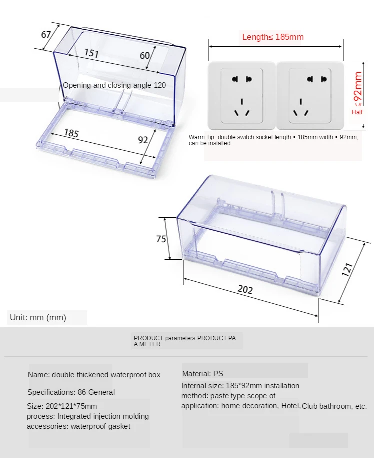 Selbstklebende wasserdichte Box, doppelt, 86 mm, universelle transparente Schaltsteckdose, Staubschutz, Badezimmer, Küche, Steckdose, spritzwassergeschützte Box – Detail 3
