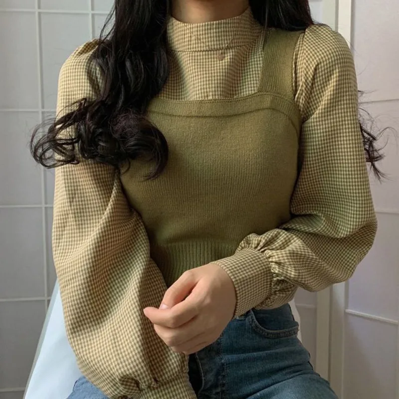 

2020 spring and autumn ladies elegant suit half high neck lantern long sleeve sweater blouse slim knitted short cardigan suit