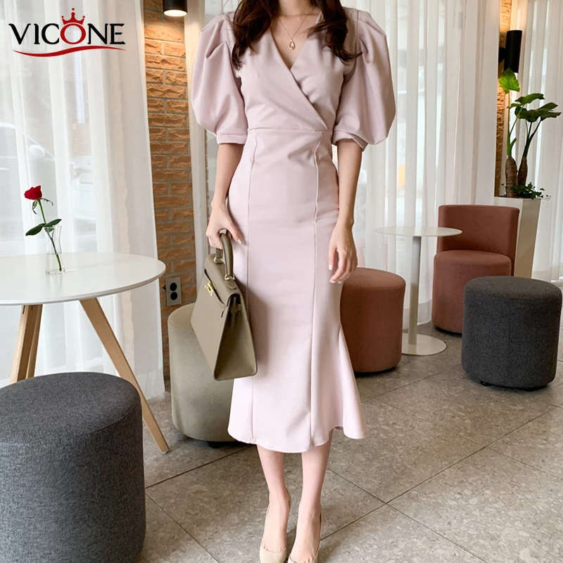 

VICONE Chic Elegant French V-neck Cross Slim-Fit Puff Sleeve Fishtail Dress High Waist Mid-Length Hip Dress