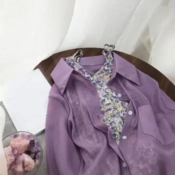 

thin chiffon women blouse 2020 summer new turn-down collar long-sleeved pocket loose all match purple female shirts outwear tops