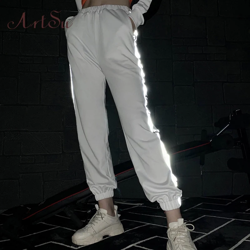

ArtSu Patchwork Reflective Pants Women High Waist White Sweat Pants Ladies Trousers Casual Pants Joggers Streetwear ASPA20233