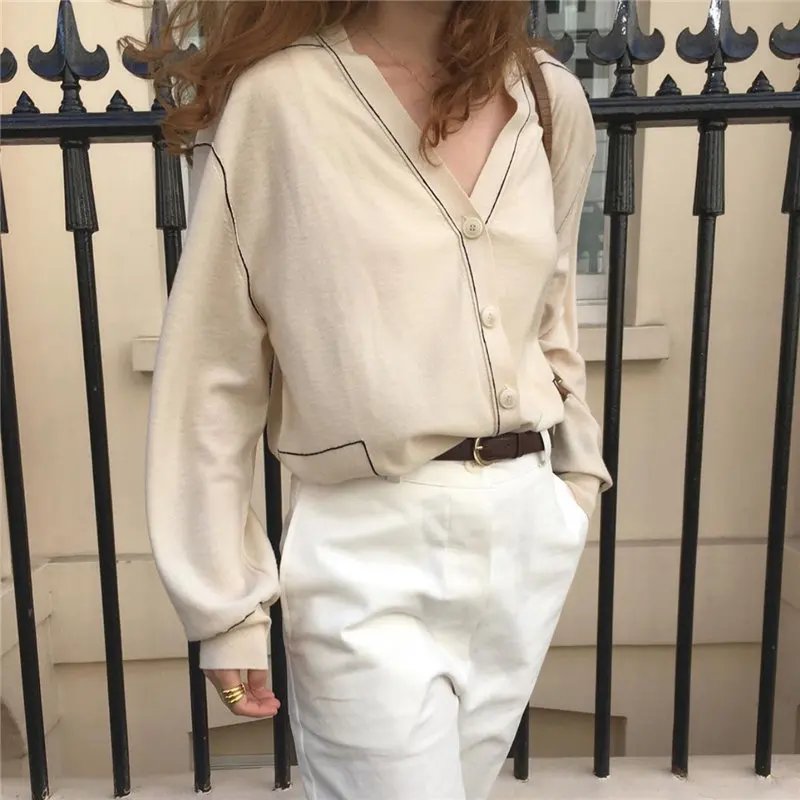 

HziriP Autumn Patchwork Retro V-Neck Chic Gentle Apricot Cardigans Sweet Loose Vintage Simple Elegant All Match Knitted Sweaters