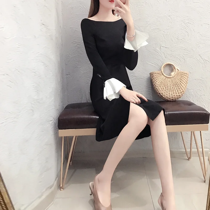 

Autumn Clothing Women's 2019 New Style Fashion Elegant Bell Sleeve Black And White with Pattern Dress Autumn Slim Fit Sheath Ski
