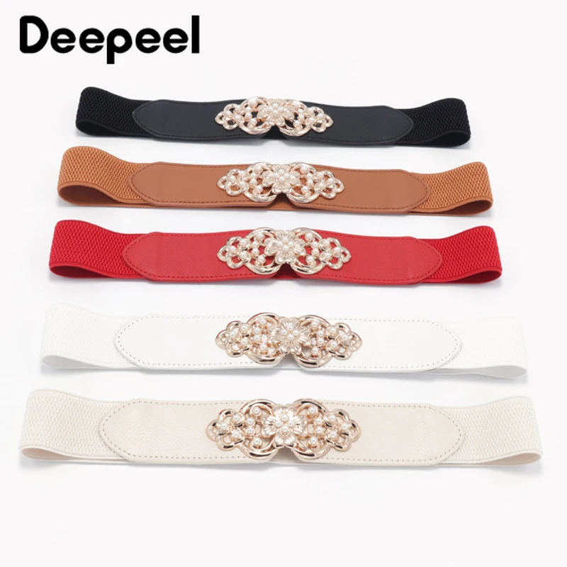 Deepeel 1 шт., 4 см* 66 см, модные Эластичные Цветочные пояса с жемчугом, широкие ремни, пряжки, тянущаяся лента, аксессуары, ремень CB044