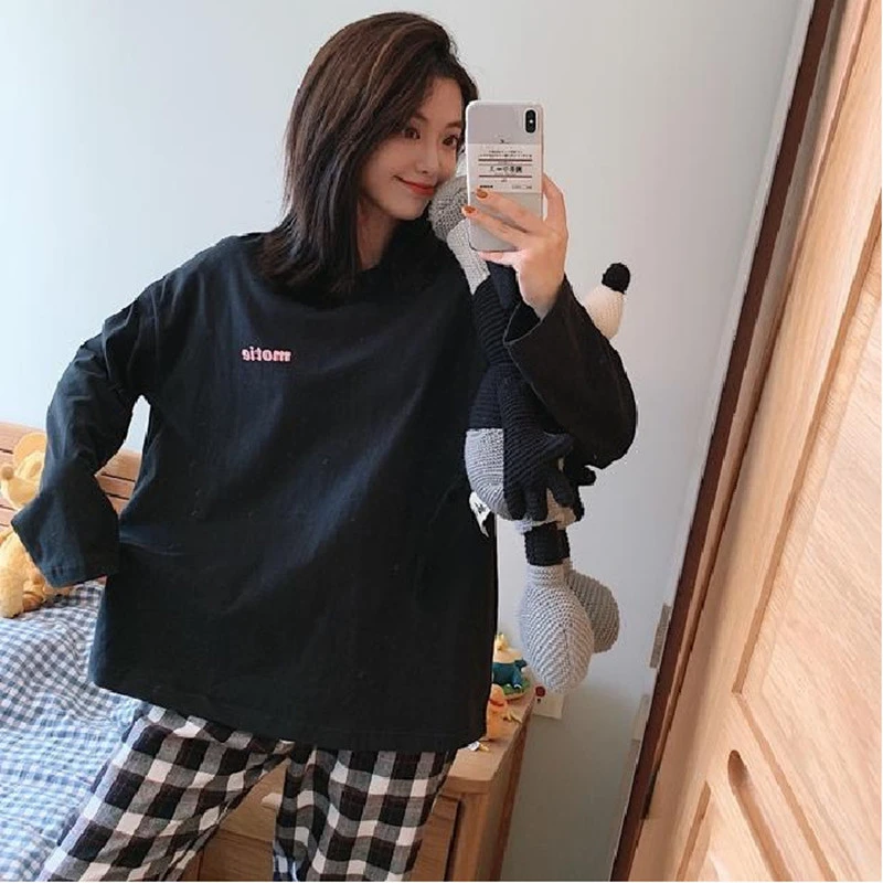 女性用長袖コットンパジャマ チェック柄パンツ Pajama Sets Aliexpress