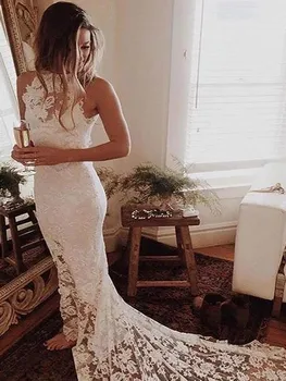 

2020 Elegant Bridal Dress Mermaid Halter Neck Sleeveless White Sweep Train Lace Wedding Dress