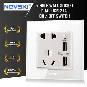 

NOVSKI GB 10A 5-Hole Dual USB Wall Switch Socket German Bayer Flame Retardant Material Tempered Glass Panel 220-250V, Grounded