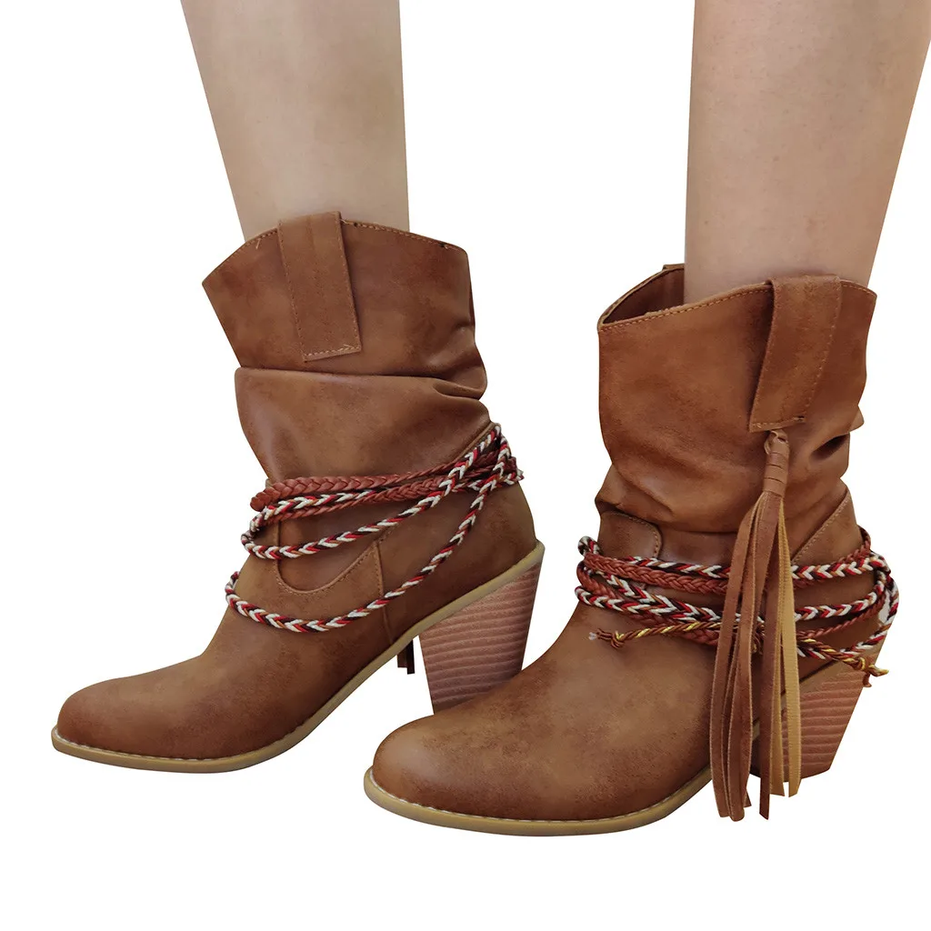 Модные зимние ботинки женская однотонная Винтажная обувь на квадратном каблуке с круглым носком без шнуровки женские ботинки до середины икры с бахромой на шнуровке