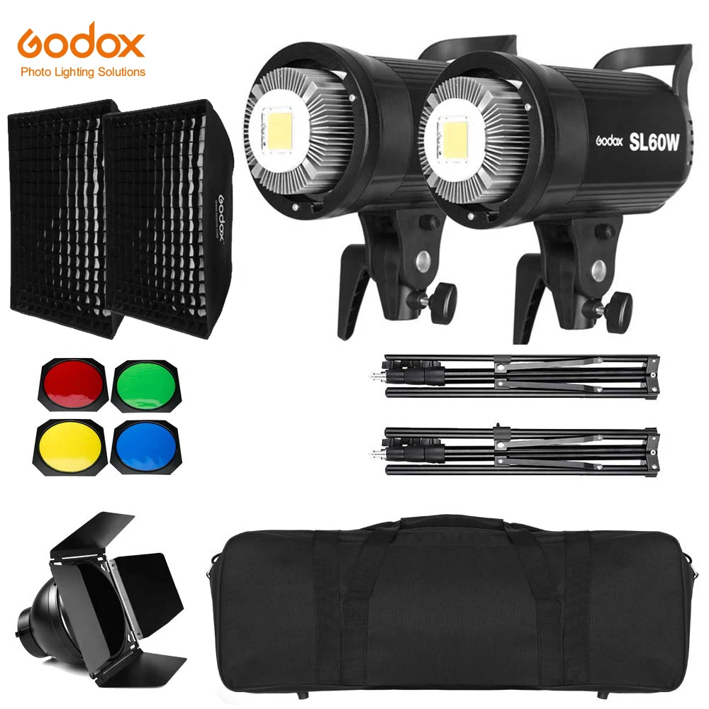 2x Godox SL-60W 60Ws 5600K студия светодиодный непрерывное освещение для фото-и светильник+ 2x1,8 м светильник с подставкой+ 2x60x90 см софтбокс светодиодный светильник комплект