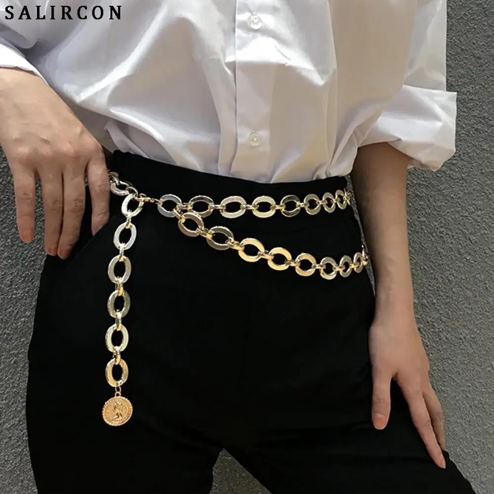 

Salircon Personality Double Chain Party Party Chain Gift Alloy Twisted Chain Waist Chain Geometric Coin Round Jewelry Woman New
