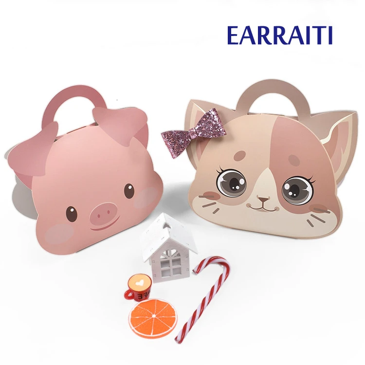 

12PCS Paper Gift Box Packaging Cat Pig Animals Box Gift Cookies Candy Kids Birthday Party Favors Piggy Cardboard Box Handle Cake