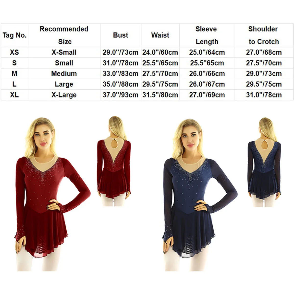 TiaoBug Women Long Sleeves Shiny Rhinestones Figure Skating Dress Gymnastics Leotard Stage Performance Ballet Dance Costume