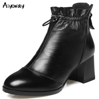 

Concise Women Genuine Leather Ankle Boots Round Toe Thick Med Heel Office Lady Shoes Back Zip Plush Size 34-42 Black Aiyoway