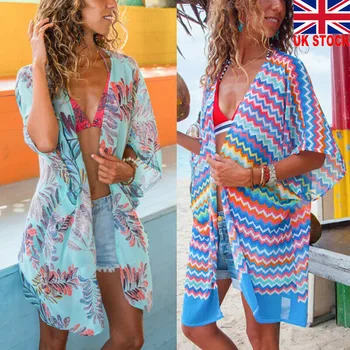 

Women Bikini Chiffon Cover Up Print Half Sleeve Short Coat Ladies Beach Coat Female Summer Beach Holiday Cover Up Clothes