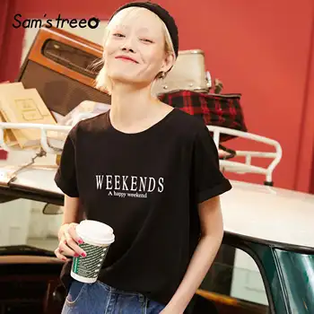

SAM'S TREE Black Solid Letter Print Casual T-Shirts Women 2020 Spring White Korean Style Short Sleeve Ladies Basic Daily Tops