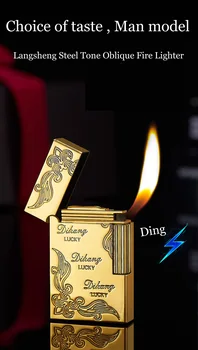 

Steel tone side sliding grinding wheel inflatable oblique fire windproof lighter classic retro carving pattern high-end gift tid