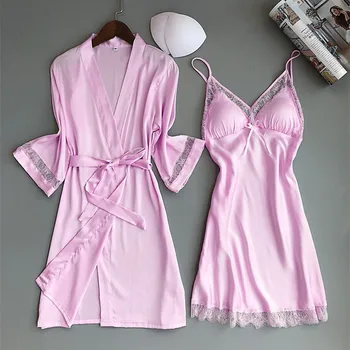 

pyjama femme New Lace satin Silk Pajamas Nightdress Women pijama saten Robes Underwear Sleepwear Lingerie Set женская пижама