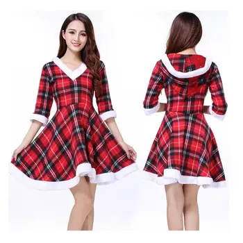 

Japanese and Korean Christmas Costume Red Plaid Dress Set Christmas Adult Hooded Dress Party Annual Meeting Costume