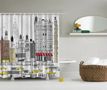 

City View Digital Print Shower Curtain Yellow Taxi New York Cab Bath Decor
