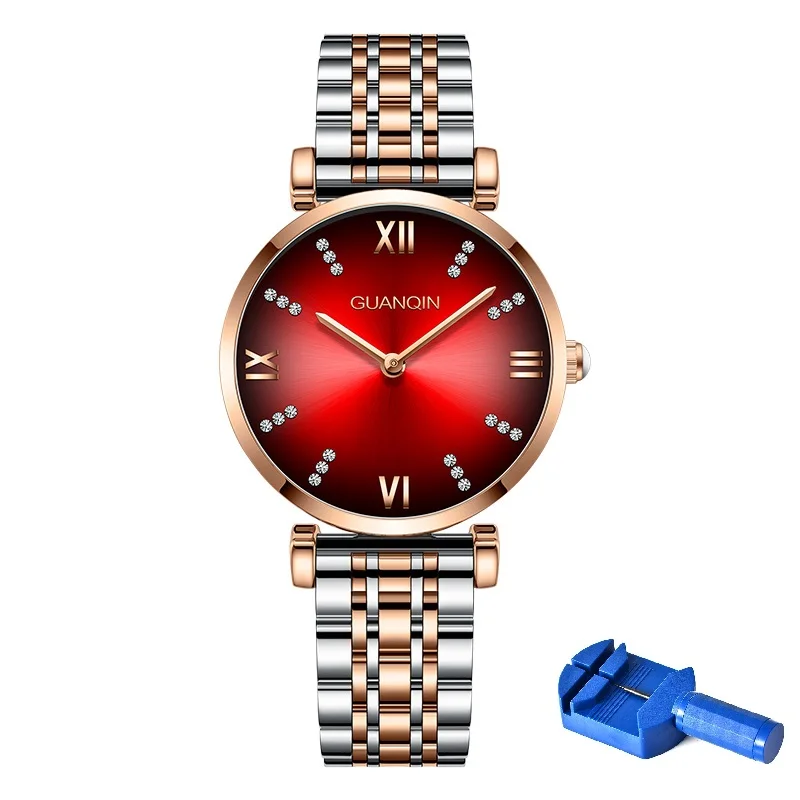 Женские часы GUANQIN GS19122 кварцевые роскошные Брендовые женские часы зеленые водонепроницаемые Простые Модные Наручные инструмент для часов дропшиппинг - Цвет: Red With Tool