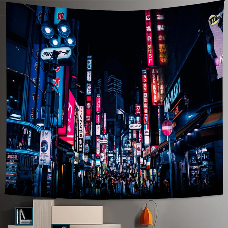 Nightlife Tapestry Wall Hanging Japanese Printed Tokyo Metropolitan Bedroom Home Decor Bohemian Hippie Background Wall Cloth