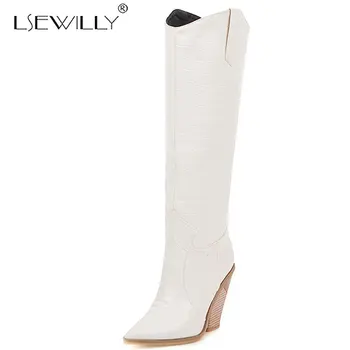 

Lsewilly Black Yellow White Knee High Boots Western Cowboy Boots for Women Long Winter Boots Pointed Toe wedges Motorcycle Boots