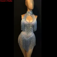 Стразы, серебряные кисточки, сексуальный комбинезон телесного цвета, стразы, Стрейчевые ткани, боди для ночного клуба, одежда для сцены