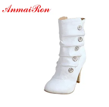 

ANMAIRON On Sale Winther New Sexy Style High Heels PU Mid Calf Boots Ladies' Lovely Fashion Snow Shoes Woman Colors Short Boots